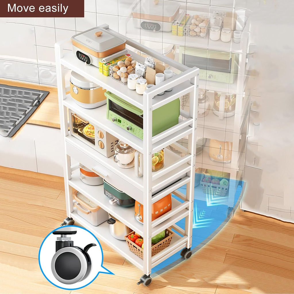 Microwave Stand with Drawer - Metal Baker's Rack for Kitchen Storage, Free Standing Shelf with Casters, Versatile Oven Rack for Home, Living Room & Hallway (Color: Black)