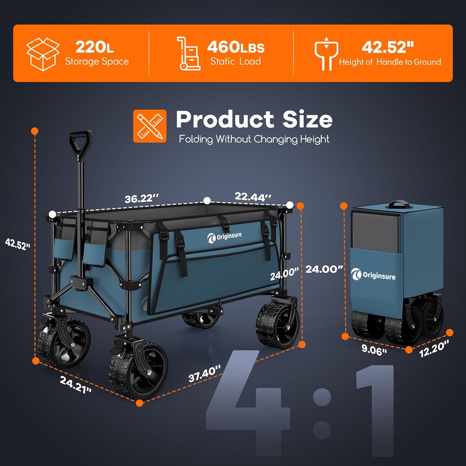 Originsure 220L Collapsible Wagon Cart Foldable, 460lbs Load Capacity Heavy Duty Folding Beach Wagons with Big All-Terrain Wheels, Utility Carts for Groceries, Shopping, Camping, Sports - Grey&Blue