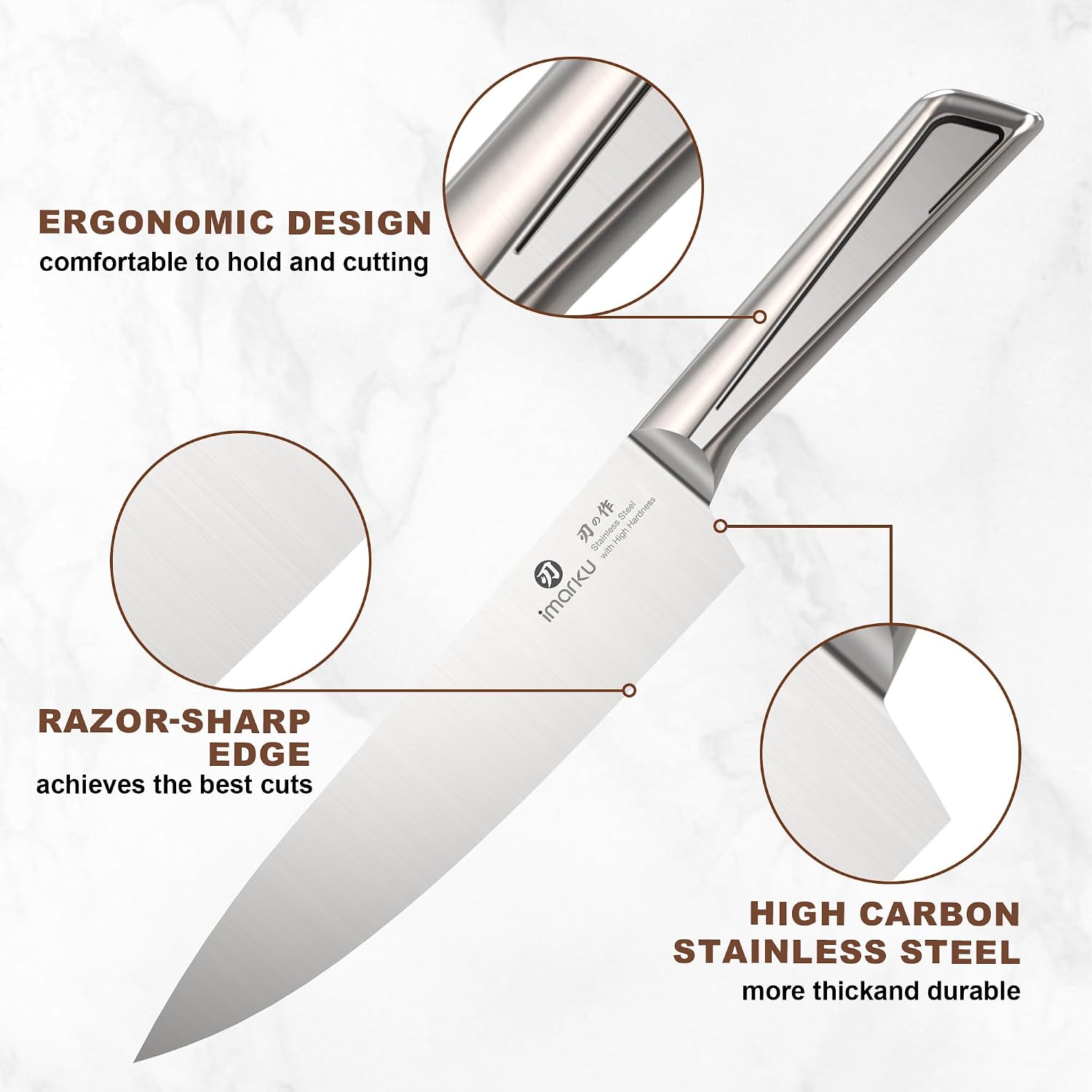 imarku High Carbon Stainless Steel Gyutou Knife Set with Block, Precision-Forged Razor Sharp 10–15° Edge, Ergonomic Non-Slip Handle, Built-in Sharpener, Brown, Best Gift Choice, Cooking Enthusiasts