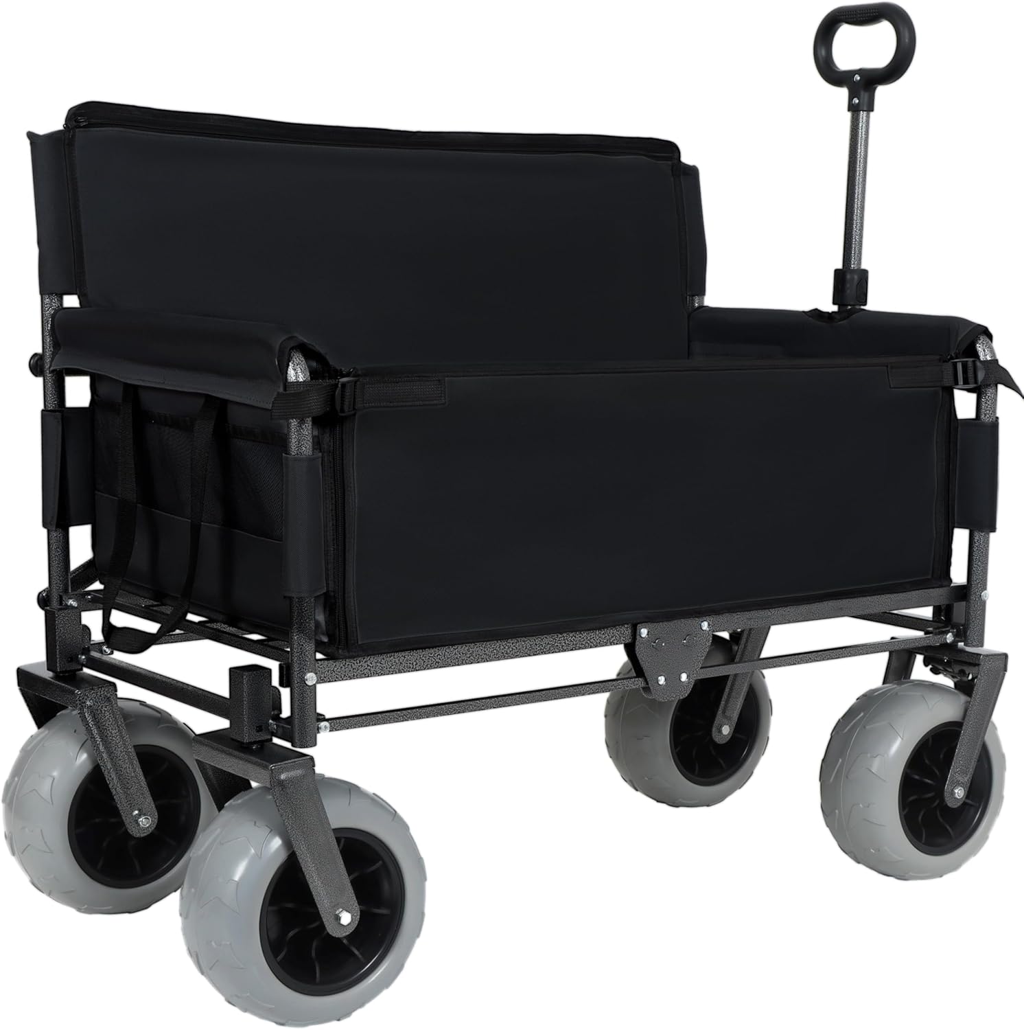 3-in-1 Heavy-Duty Wagon with Bench Seat – 500lbs Capacity, 9'x4' Beach Cart with Big Wheels for Sand, Collapsible Wagon for Camping, Groceries & Outdoor Events (Black)