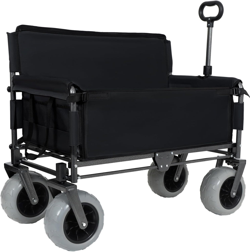 3-in-1 500lbs Large Collapsible Folding Wagon, Convert to Bench, 9'x4' Beach Tires, Foldable Beach Wagon with Wheels for Sand, Outdoor Utility Wagon for Groceries, Camping, Sports, Shopping, Black