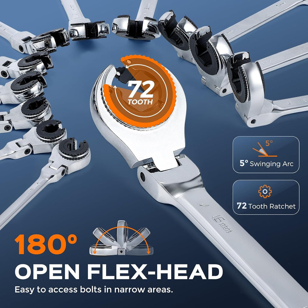 Bonvoisin 8-19mm Ratcheting Wrench Set with Open Flex-head 12 Pcs Metric Ratcheting Tubing Wrench Set CR-V Steel, 72-Teeth Gears, with Carrying Case, Gift for Husband and Man