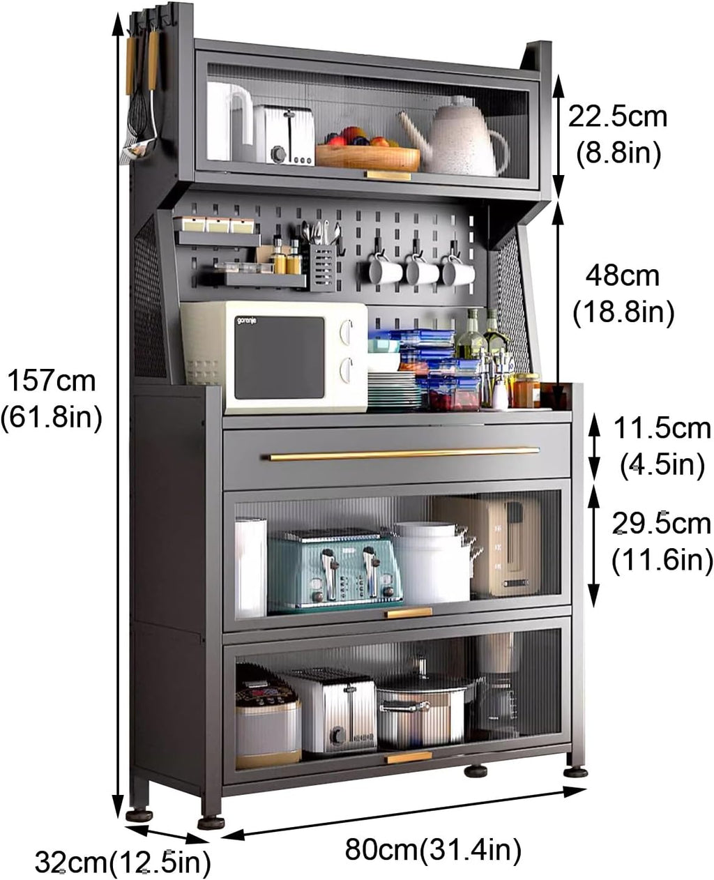 Kitchen Storage Cabinet, Bakers Racks for Kitchens with Acrylic Door, with Drawers, DIY Backplane Creative, Metal Frame(White-80Cm)