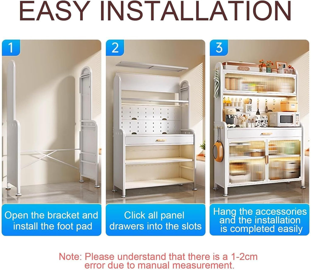5-Tier Adjustable Kitchen Bakers Rack with Drawers, Metal Microwave Stand, Black Shelving Unit, Space-Saving Storage for Kitchen Organization, 80cm (Type 6, 60cm)