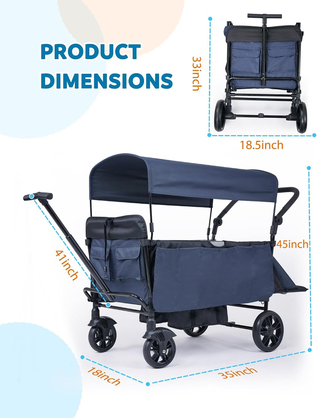 Collapsible Wagon with Canopy and Large Wheels - All-Terrain Heavy Duty Folding Cart for Sports, Shopping, Camping - 400L Capacity, Adjustable Handle, 2 Child Restraints, Blue