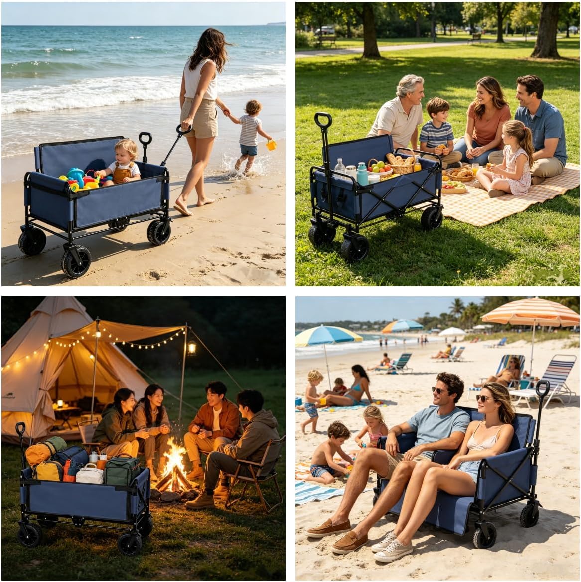 3-in-1 Convertible Folding Wagon Cart with Bench Seat & Storage - 500lbs Heavy-Duty Utility Wagon, 180L Capacity All-Terrain Wheels for Camping, Beach, Sports, Garden (Dark Blue)