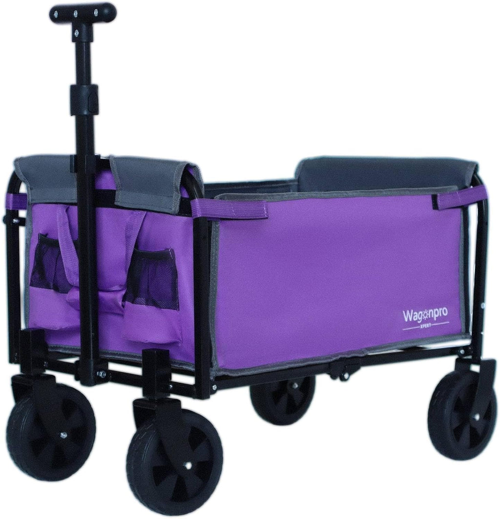 Wagonpro Folding Utility Wagon with Convertible Bench Seat, Collapsible All-Terrain Cart with 360° Swivel Wheels, Portable Outdoor Wagon for Camping, Beach, Sports Events, Purple