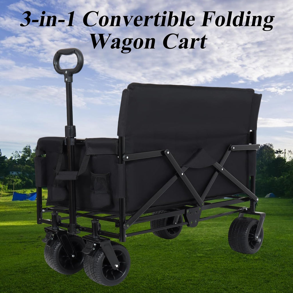 Convertible Folding Wagon Cart, 500lbs Heavy-Duty Utility Wagon with Bench Seat & Storage, 180L Capacity, All-Terrain Wheels for Camping, Beach, Sports, Garden
