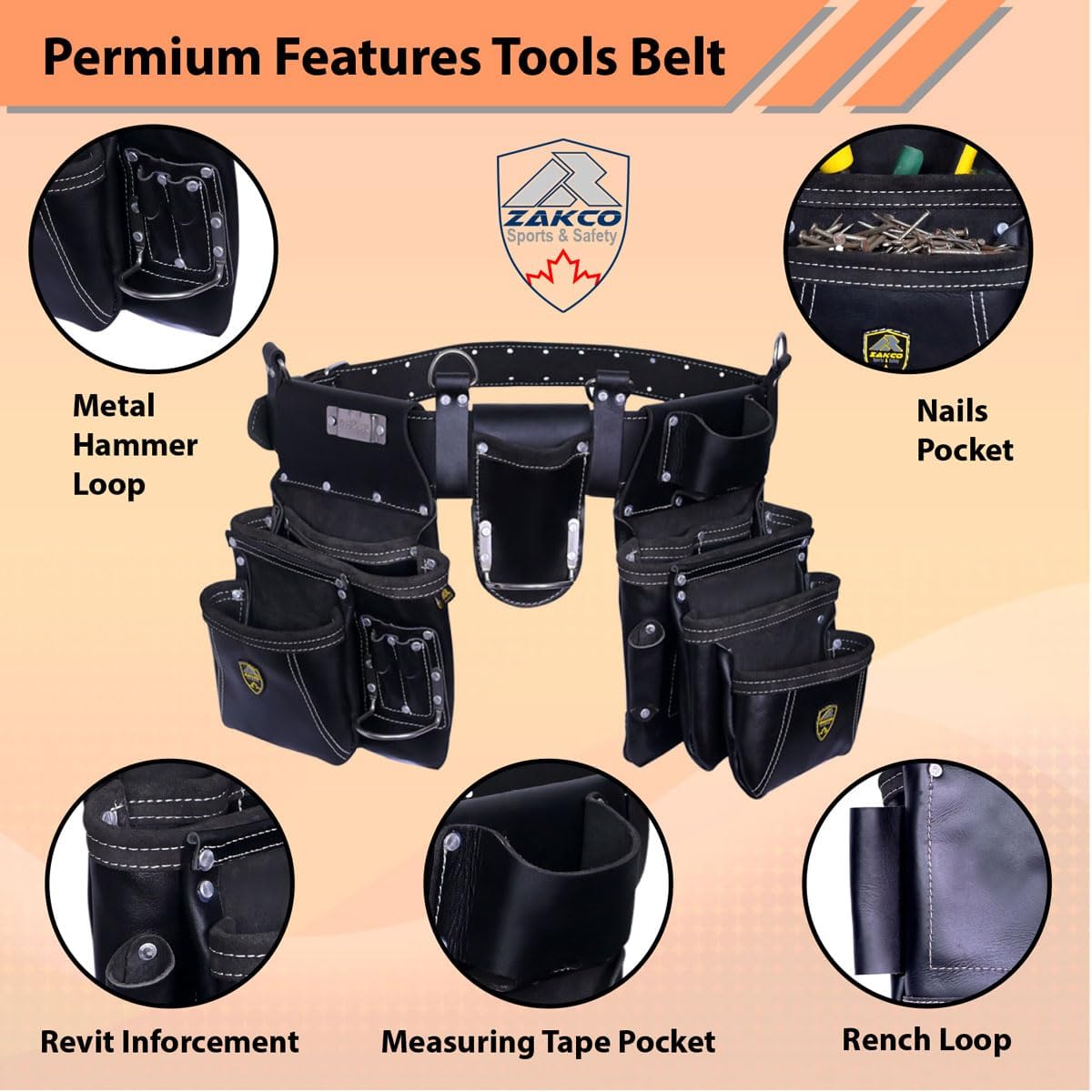 PRO-19 Genuine Grain Leather Multi Pockets Construction Tool Rig, Carpenter Tool Belt, 2 Leather Tool Pouches, Pro Style Tool Belt for Framers, Handyman, Drywall & Roofers (BLACK, Full Size)