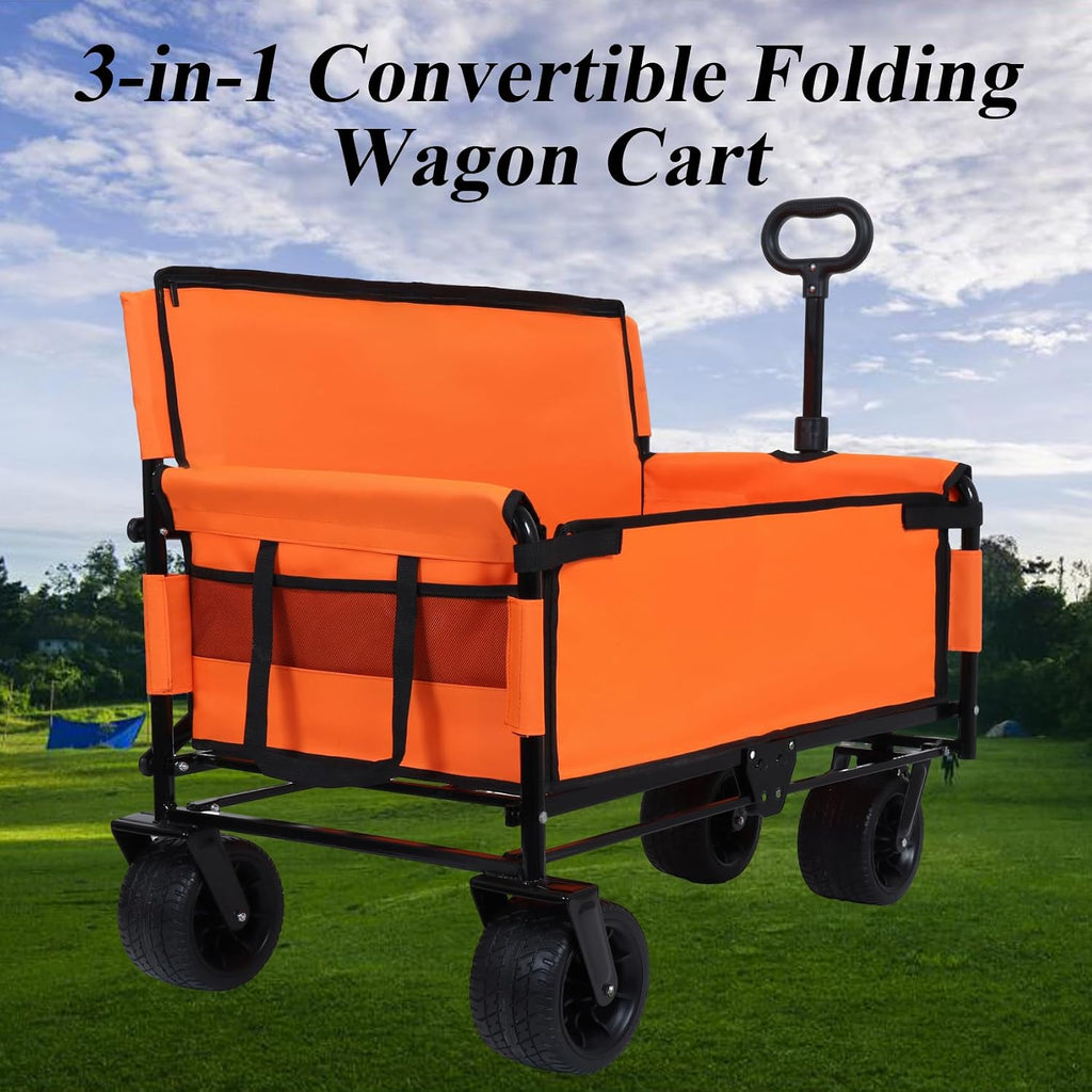 Convertible Folding Wagon Cart, 500lbs Heavy-Duty Utility Wagon with Bench Seat & Storage, 180L Capacity, All-Terrain Wheels for Camping, Beach, Sports, Garden
