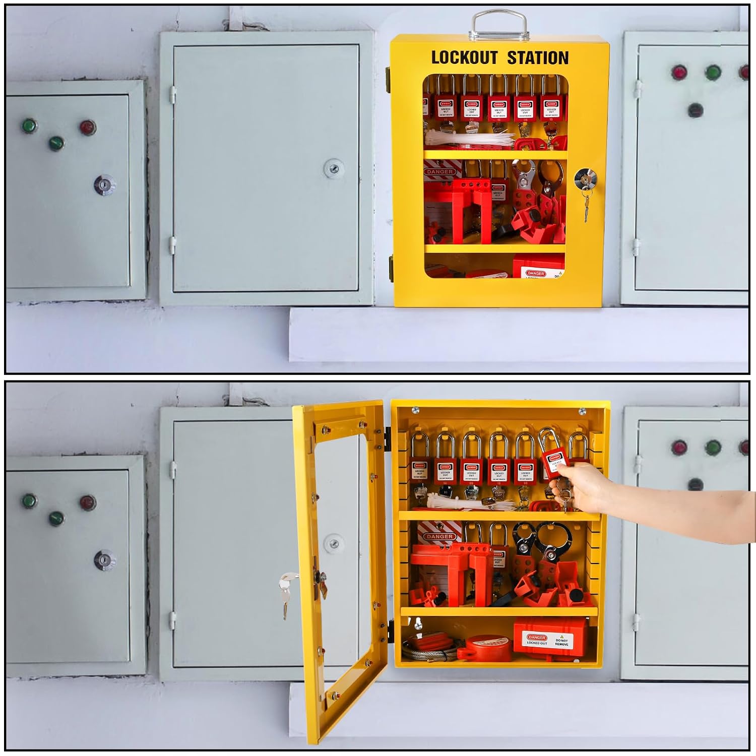 Frcctre Lockout Tagout Station, 80 Pcs Electrical Safety Loto Kit Includes Safty Padlock, Lockout Hasp, Tags,Ties, Circuit Breaker Lock, Ball Valve Lock, Electrical Plug Lock, Steel Cable Lock