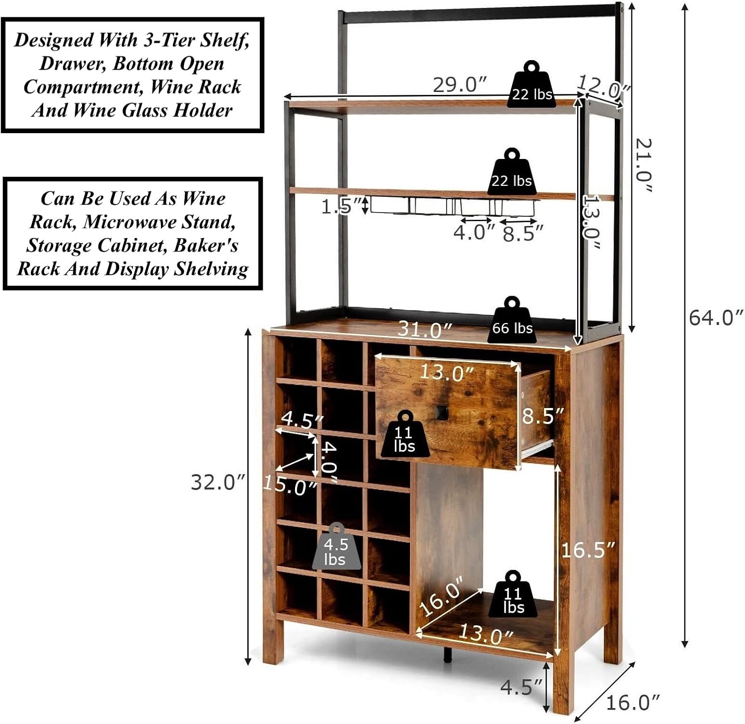 Kitchen Bakers Rack Pantry Microwave Stand Storage Cabinet Freestanding 18 Bottles Wine Rack with 6 Wine Glasses Holder Designed with 3 Tiers Shelf Drawer Bottom Open Compartment Anti-Toppling Design