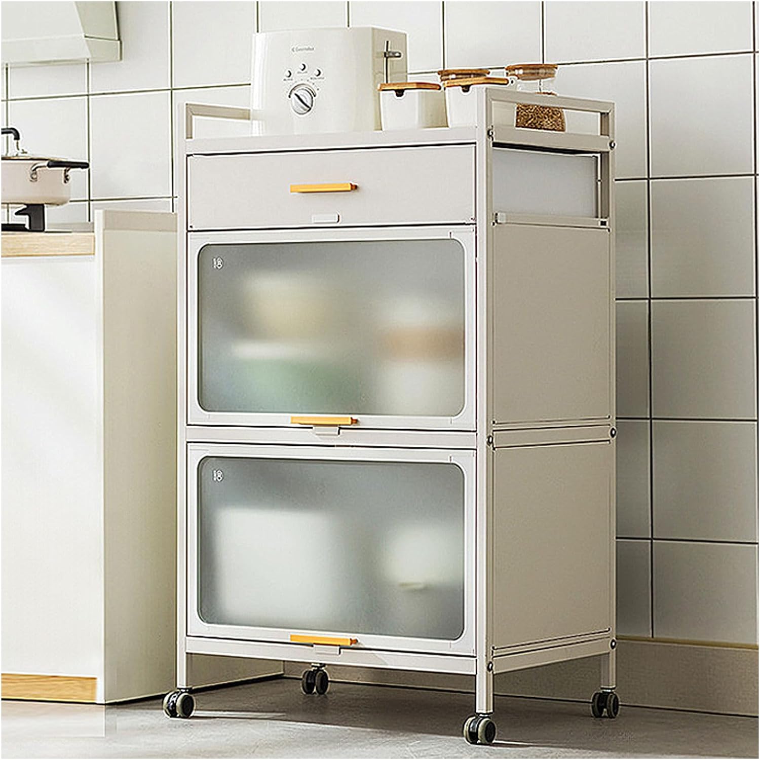 5 -Tier Microwave Stand with Flip Door Cabinet, Standing Bakers Rack for Kitchen Storage, Metal Shelves with Brakeable Casters and Drawer for Kitchen Pantry Living Room,White,60×102cm/23.6×40in