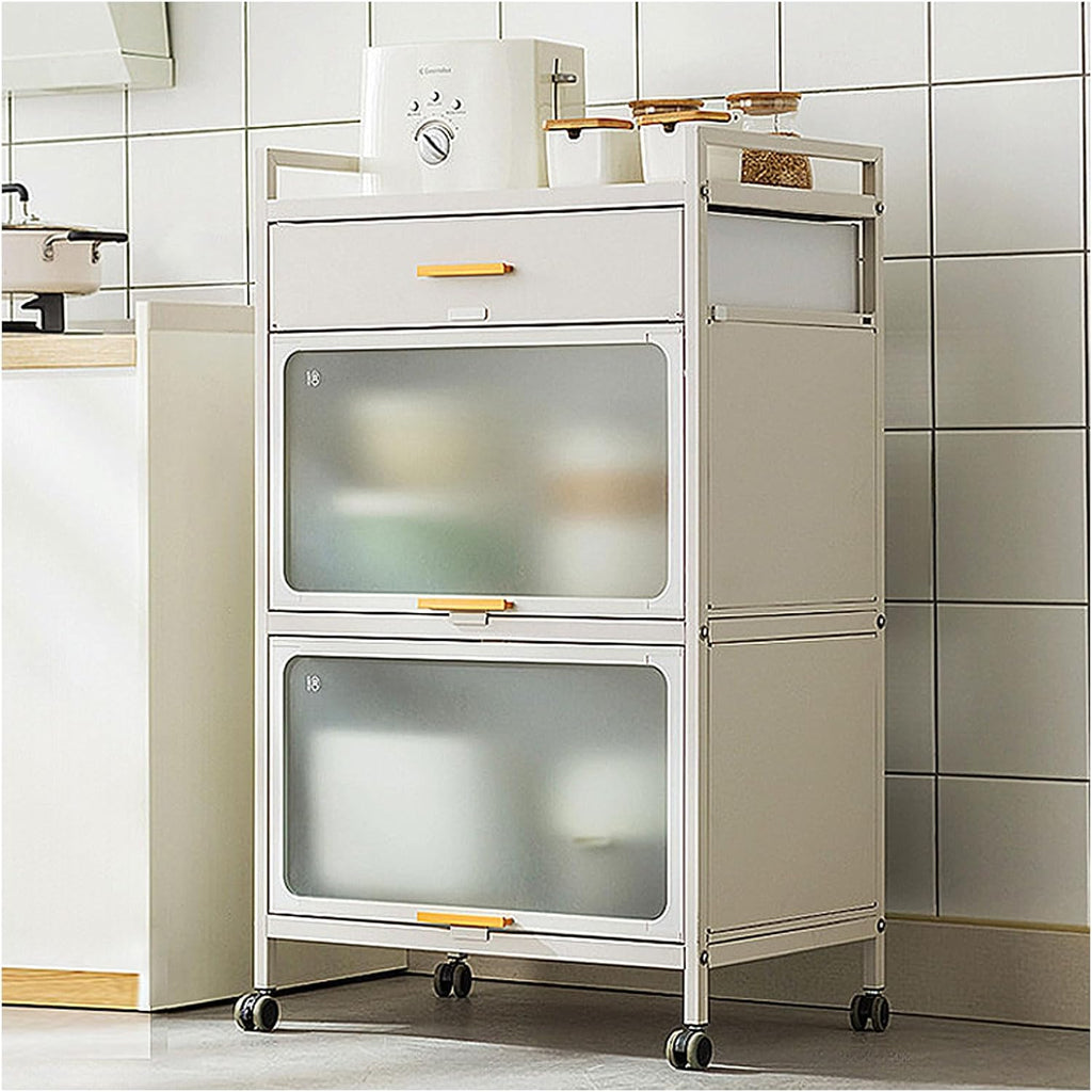 5 Tier Microwave Stand with Cabinet and Drawer for Kitchen Storage Standing Bakers Rack Black Metal Shelves Brakeable Casters Ideal for Pantry Or Living Room Nization,White,60×102cm/23.6×40in