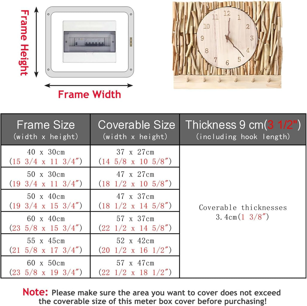 Electrical Panel Cover Wall Hanging Breaker Box Cover with Clock, Solid Wood Electric Panel Cover Cabinet with Hook, Circuit Breaker Panel Artwork for Household(WXH-50 x 40CM(19.7 x 15.7))