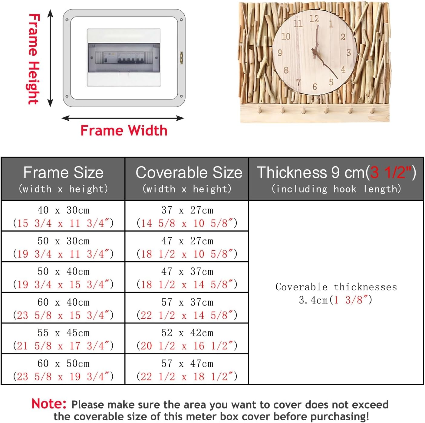 Electrical Panel Cover Wall Hanging Breaker Box Cover with Clock, Solid Wood Electric Panel Cover Cabinet with Hook, Circuit Breaker Panel Artwork for Household(WXH-50 x 40CM(19.7 x 15.7))