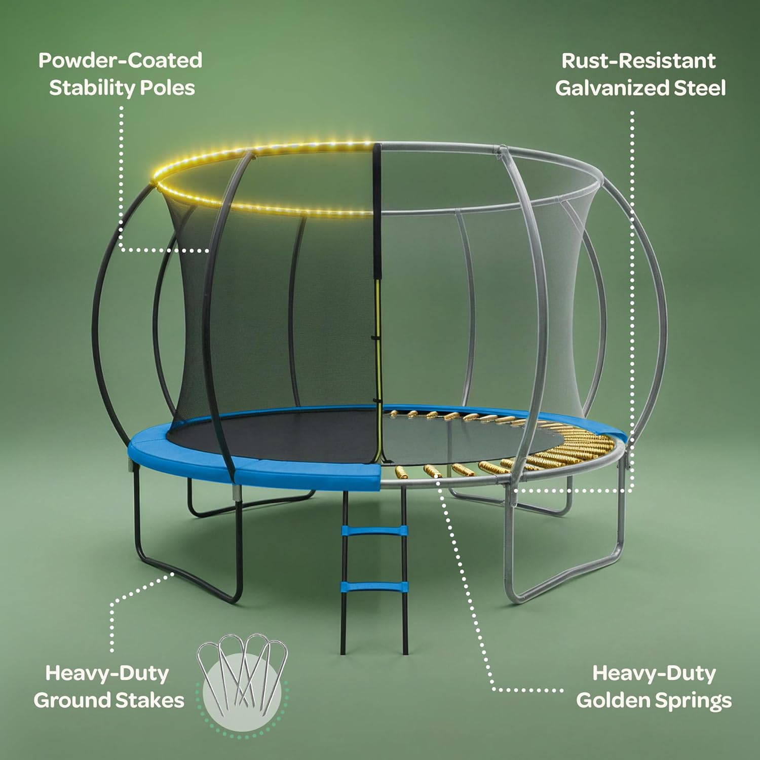 JoyBerri Trampoline Outdoor - Upsurge ASTM Certified Safe 8Ft 10Ft 12Ft 14Ft 15Ft 16Ft Recreational Trampoline for Kids and Adults. Anti-Rust Coating with Enclosure Net, Ladder, Sprinkler & LED Lights