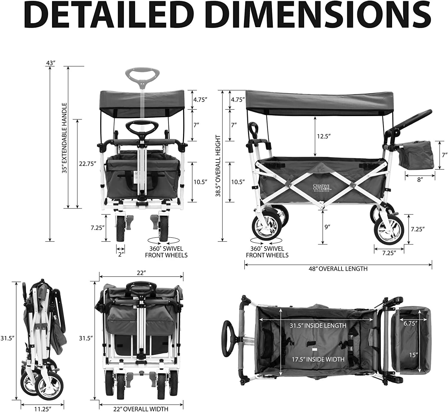 Creative Outdoor Distributor Push and Pull Double Stroller with Removable Canopy and Seat Belt Harnesses Collapsible Folding Garden Cart, Adjstable Handle, Beach Wagon