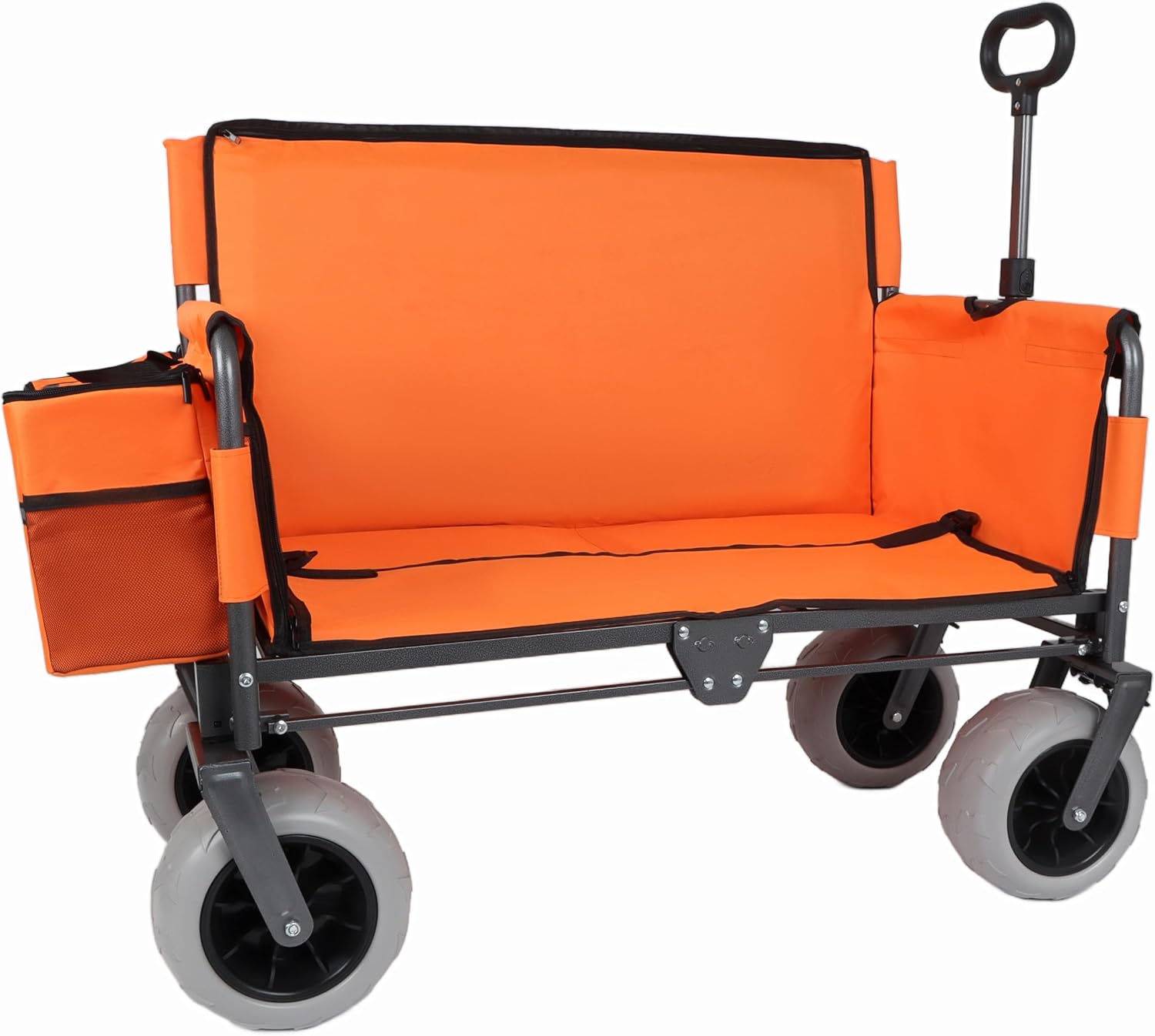 Orange Collapsible Wagon, Bench Seat & Storage, All-Terrain 9'x4' Beach Tires, Steel Frame, Folding Camping Cart for Beach, Sports, Fish, 40.94x20.47x44.29 in