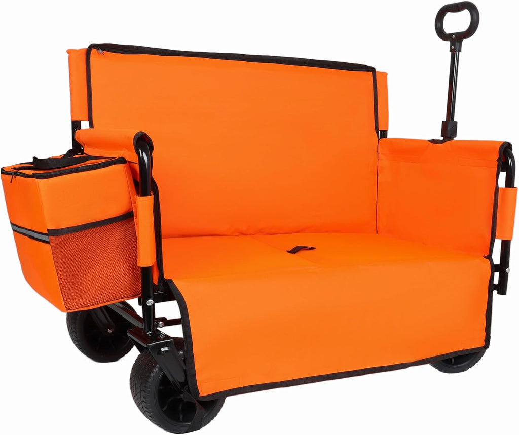 Orange Collapsible Wagon with Bench Seat, Handle & All-Terrain Wheels, Steel Frame, Folding Camping Cart for Beach, Sports, Lawn, 37x24.02x40.94 in