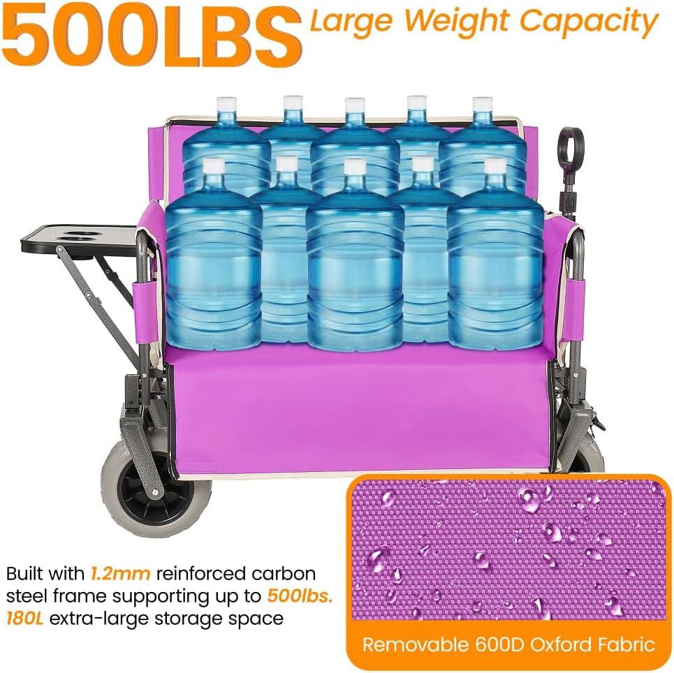 Heavy-Duty Folding Wagon with Bench Seat and Rear Folding Tabletop – 500-Pound Capacity, All-Terrain Beach Wheels for Outdoor Use (Purple + Steel)