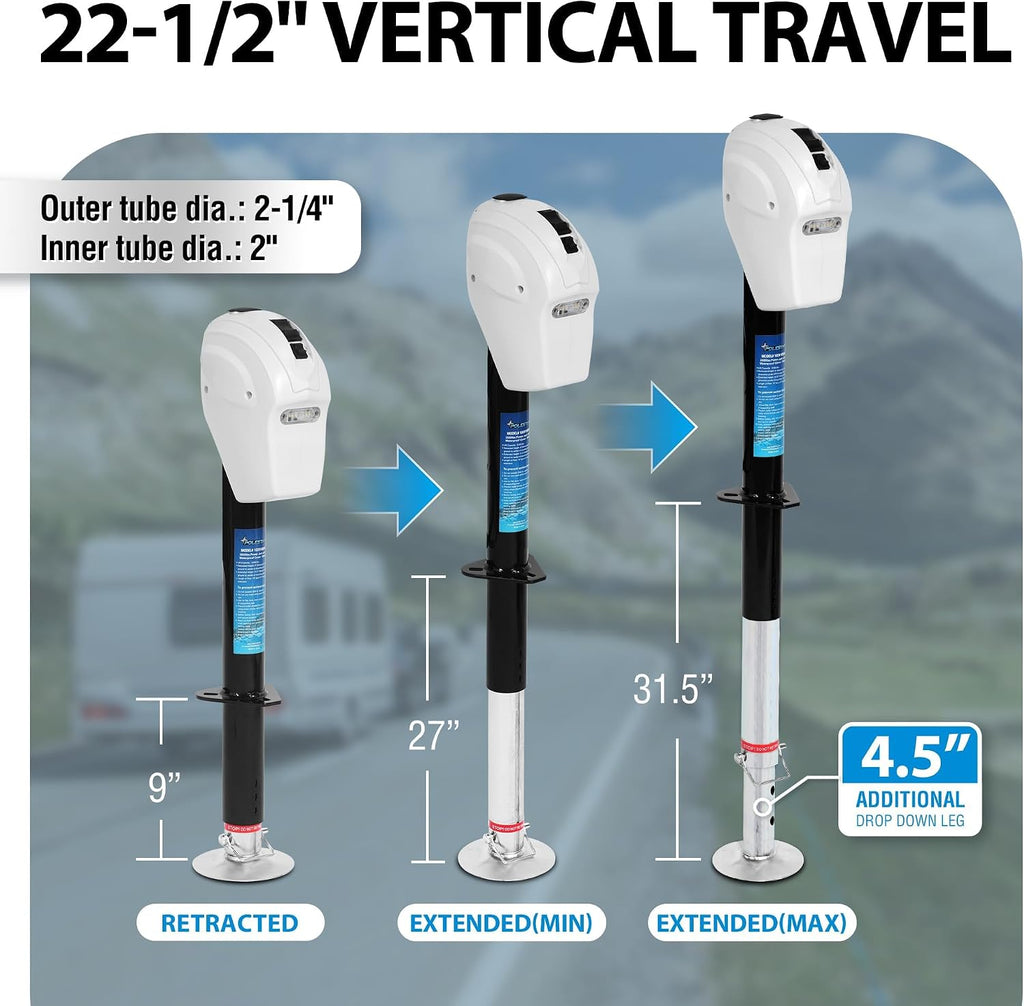 POLESTAR Electric Trailer Jack 5000lbs, A-Frame RV Electric Power Tongue Jack with Waterproof Protective Cover & LED Light, Electric Jacks for Travel Trailers Camper, RV, 12V DC, White, 22.5' Lift