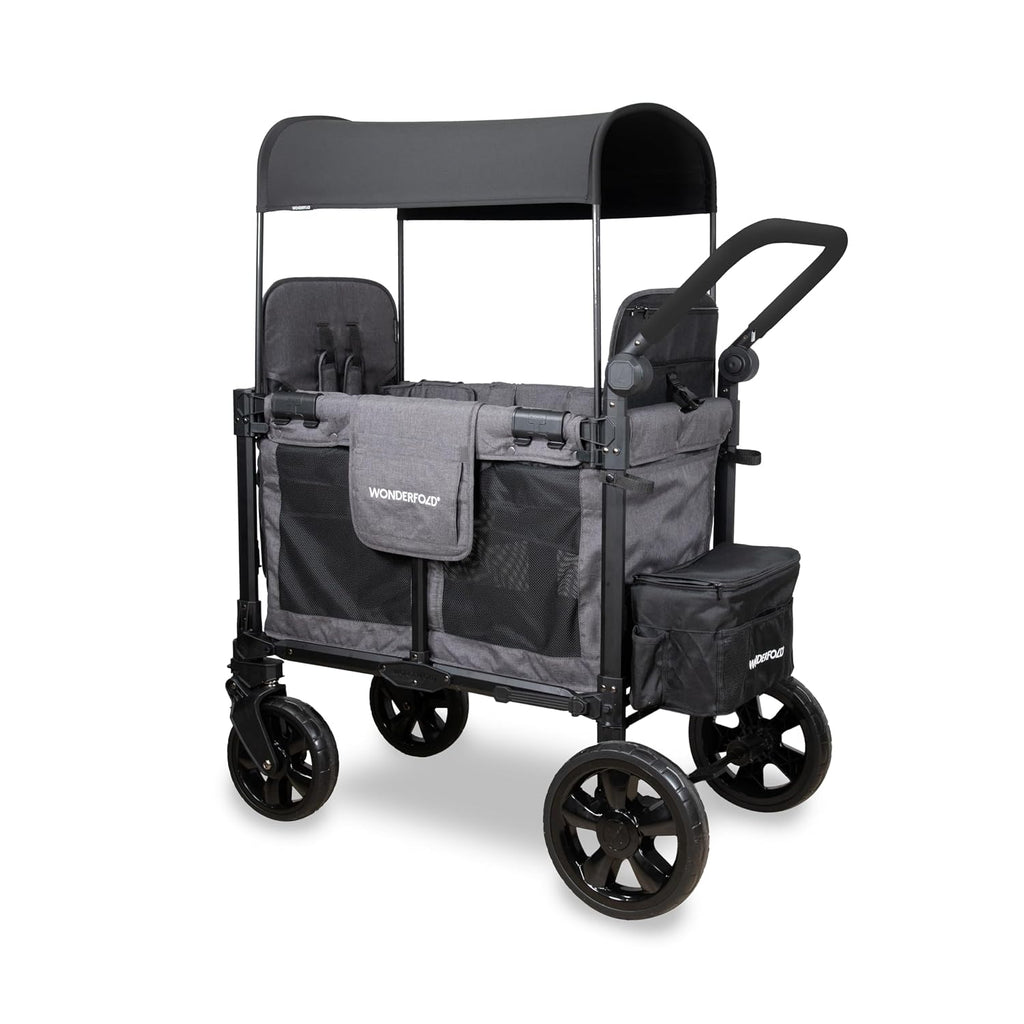 WonderFold W2 Elite Pro Stroller Wagon - Foldable Wagon with Aluminum Frame - Adjustable Canopy & Push Handle - All-Terrain Wheels - for Babies, Toddlers & Kids - 4 Seater - Gray