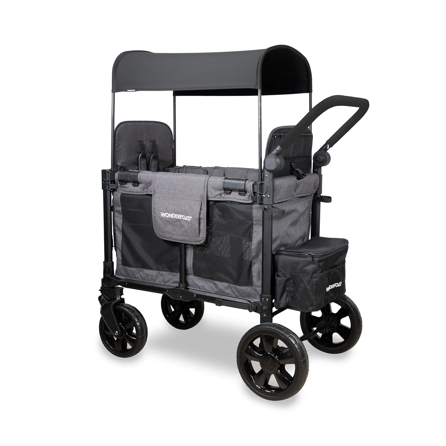 WonderFold W2 Elite Pro Stroller Wagon - Foldable Wagon with Aluminum Frame - Adjustable Canopy & Push Handle - All-Terrain Wheels - for Babies, Toddlers & Kids - 4 Seater - Gray