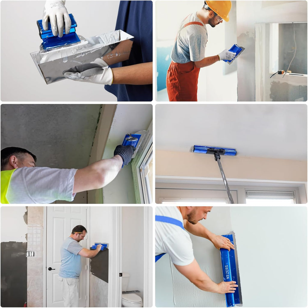 KEZERS Drywall Skimming Blade Set-12',22' & 32' Skimming Blades + 35'-81' Extension Handle Pole, Stainless Steel Construction Knife,Smoothing Drywall Knife,Extruded Aluminum,High Impact End Caps