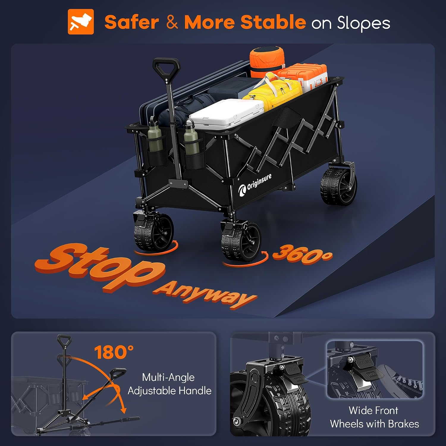 Originsure 220L Collapsible Wagon Cart Foldable, 330LBS Capacity Folding Heavy Duty Beach Wagons, Utility Carts for Groceries, Camping, Sports — Black