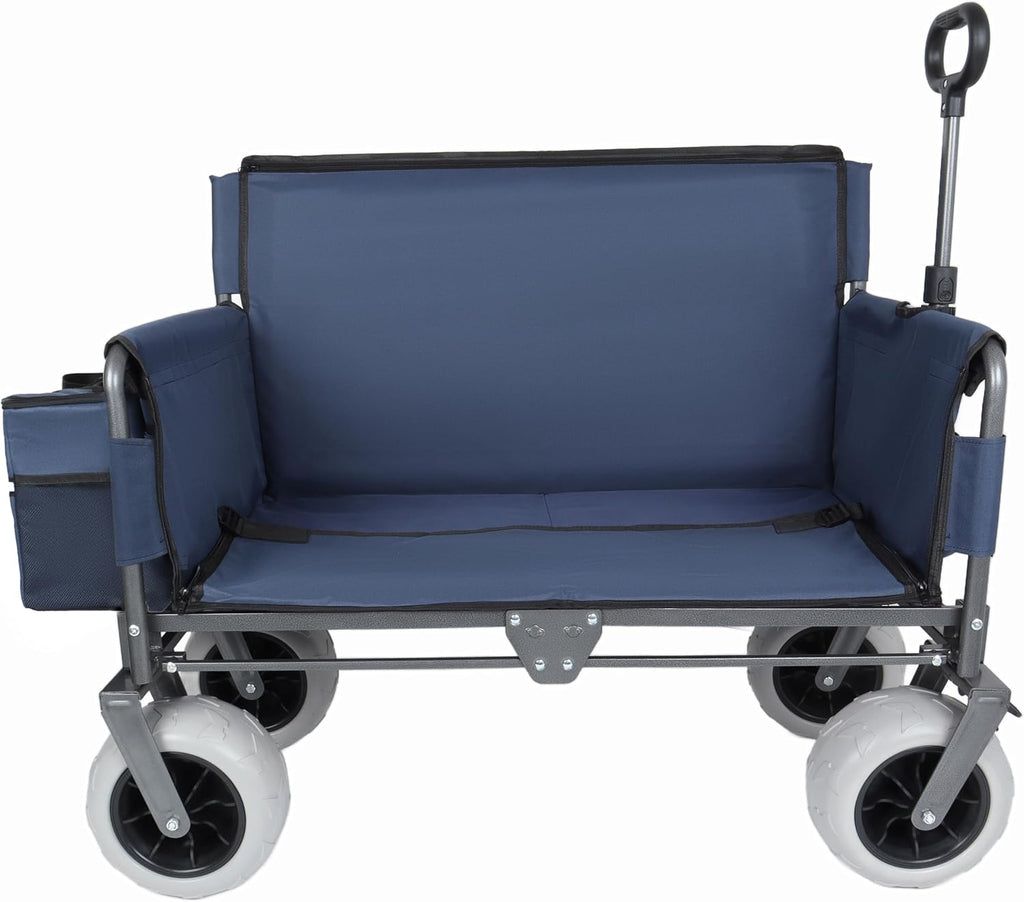 Dark Blue Collapsible Wagon, Bench Seat & Storage, All-Terrain Wheels, Steel Frame, Folding Camping Cart for Beach, Sports, Fish, 40.94x20.47x44.29 in