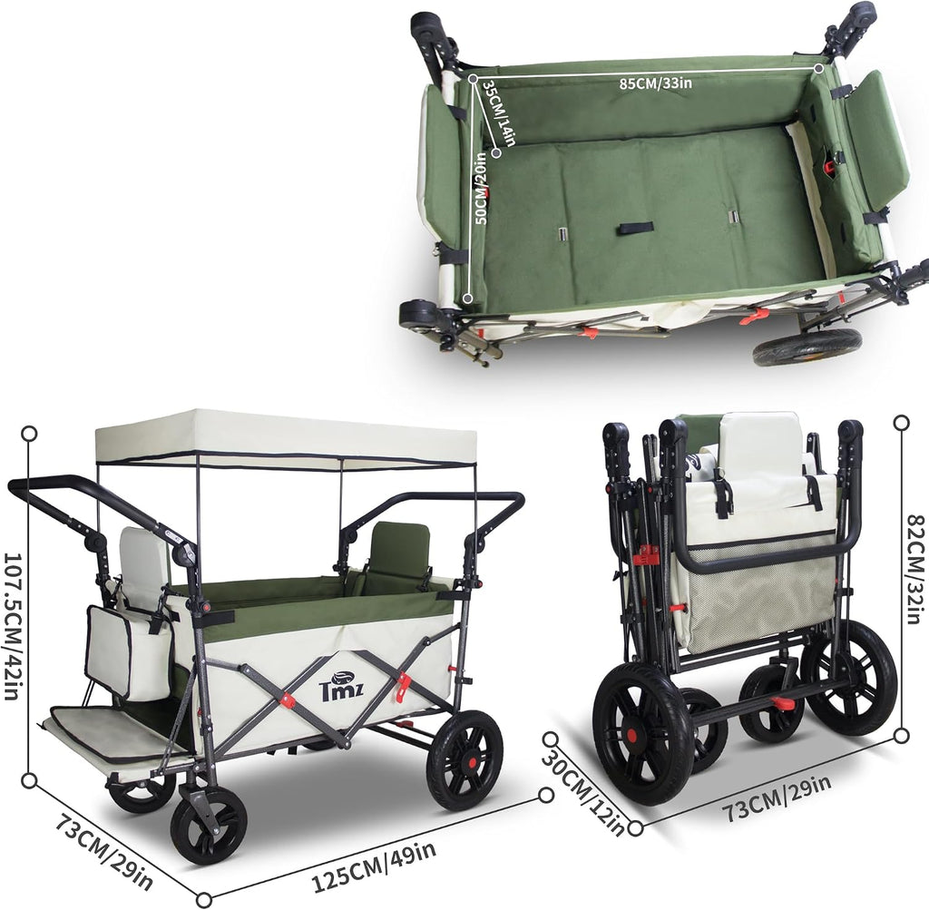 TMZ Collapsible Wagon with 2 Foldable Seats, Folding Wagon with Canopy, Multi Functional Cart with Adjustable Handle Bar, Front Expandable for Transport Camping (Green/Beige)