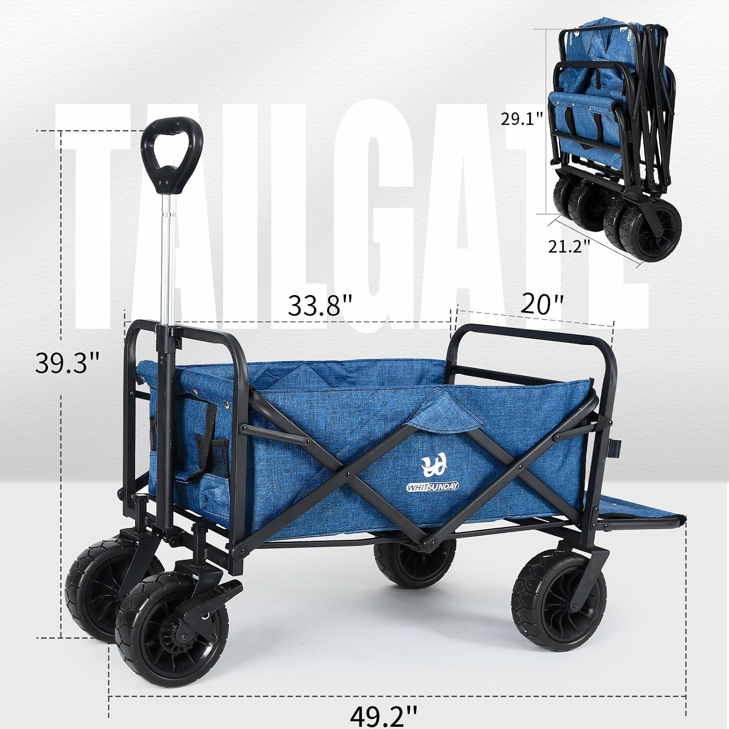 Whitsunday Collapsible Folding Garden Outdoor Park Utility Wagon Picnic Camping Cart with 8' Bearing Fat Wheel and Brake (Standard Size(Plus+) 8' Wheels with Tailgate (Blue)