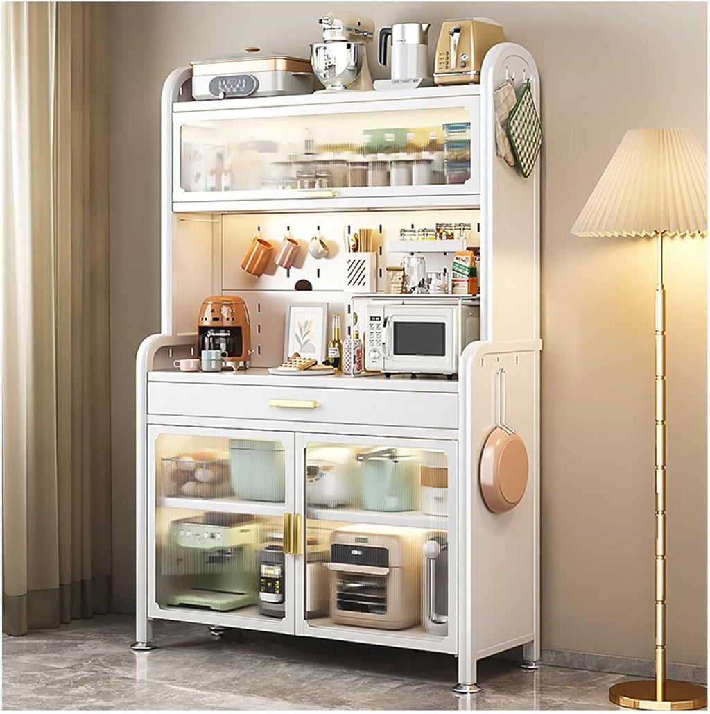Tall Black Kitchen Bakers Rack with Adjustable Shelf Drawer and 5 Tier Storage Multifunctional Microwave Stand Buffet Coffee Bar Cabinet Pantry Storage Organizer