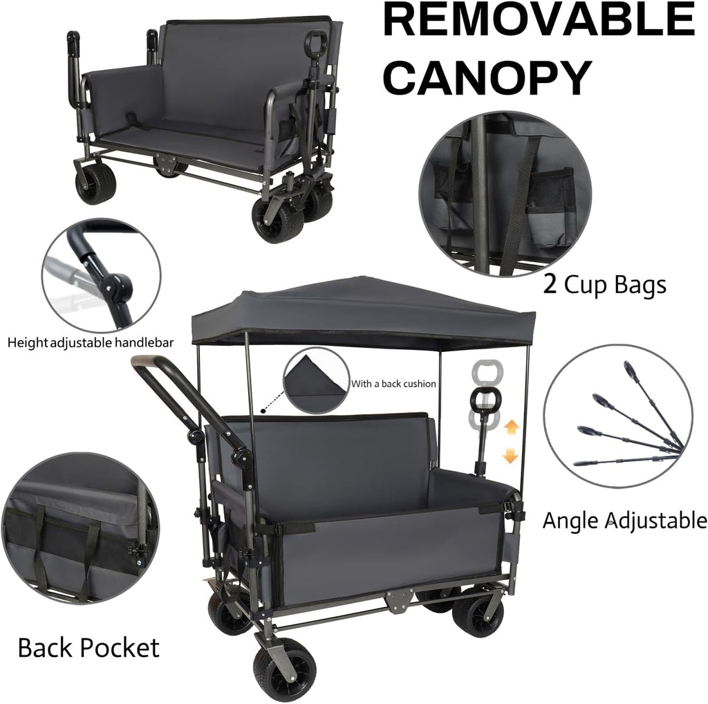 3-in-1 Folding Wagon Cart with Bench Seat & Canopy & Storage, 500lbs Heavy-Duty, 180L Capacity, All-Terrain Wagon for Camping, Beach, Sports, & Garden, Gray