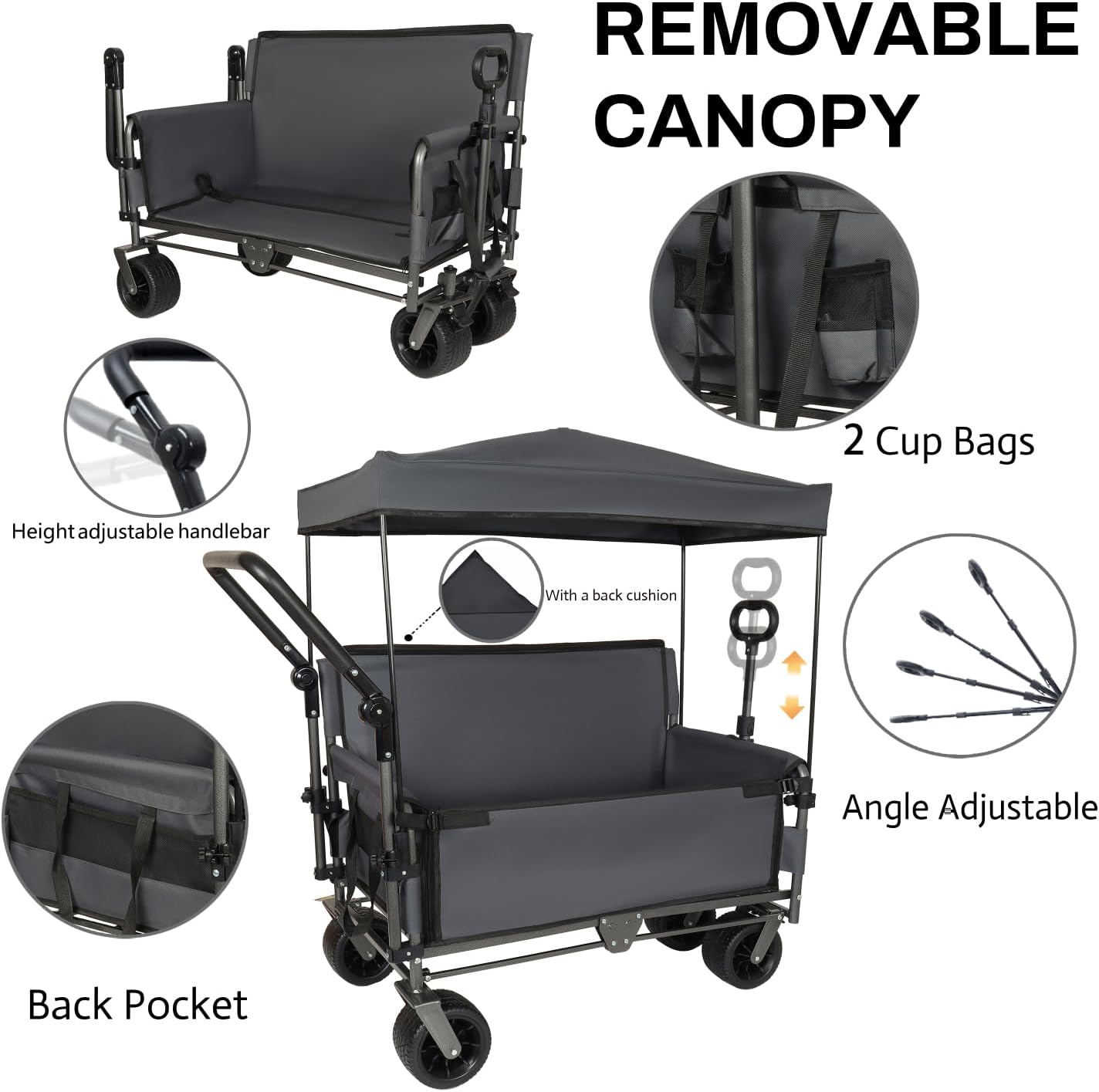 3-in-1 Folding Wagon Cart with Bench Seat & Canopy & Storage, 500lbs Heavy-Duty, 180L Capacity, All-Terrain Wagon for Camping, Beach, Sports, & Garden, Gray