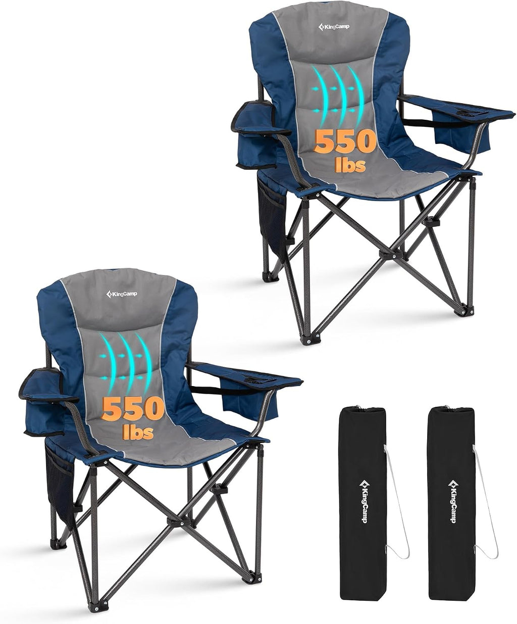 KingCamp Oversized Camping Chair with Adjustable Lumbar Support, 550lbs Heavy Duty Padded Folding Lawn Chair for Adults, Outdoor Armchair with Cooler Bag, Cup Holder & Side Pocket for Fishing, Travel