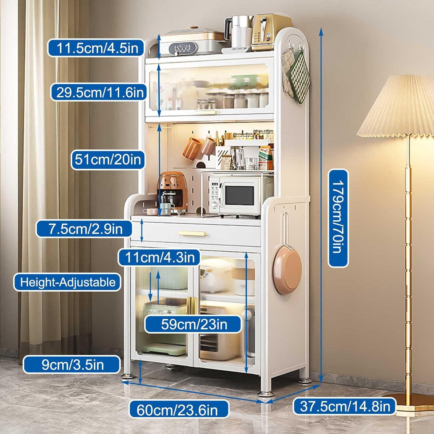 Modern White 5 Tier Baker's Rack with Adjustable Shelf and Drawer Kitchen Storage Cabinet for Microwave Stand and Hutch