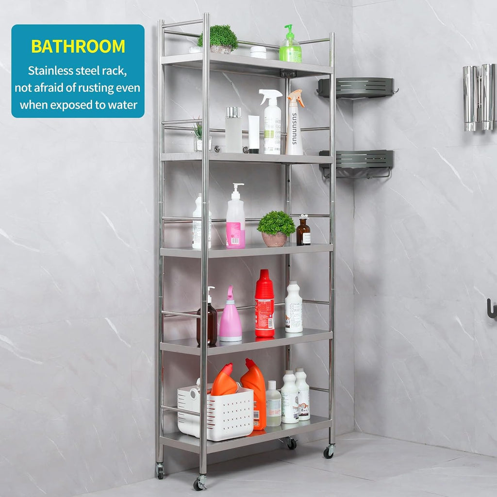 susunnus Stainless Steel Shelf,Shelves for Storage,Metal Kitchen,Garage Shelf,with Wheels,Rolling Shelves,Adjustable Height,Weight Capacity 440LB(27.6in*10.2in-5Twith guardrails)