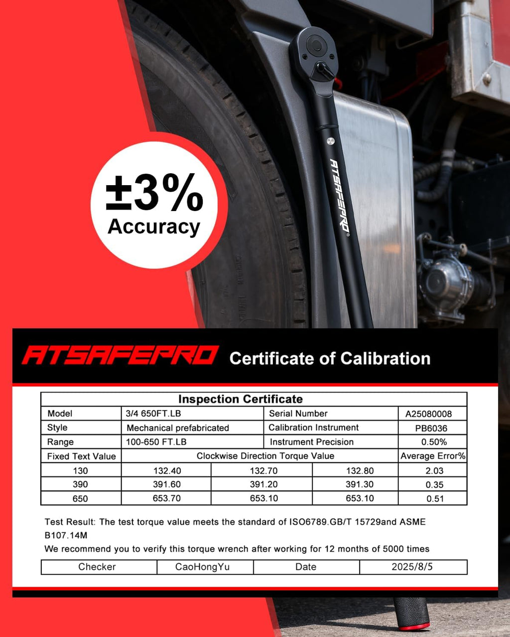 ATsafepro 3/4 Torque Wrench 100-650 Ft-Lb – ±3% Accuracy, Reversible 48-Tooth Ratchet, Cr-V Steel, Dual Scale, 3/4' Drive Click Heavy Duty Precision Torque Wrench for Truck, RV, Heavy Equipment