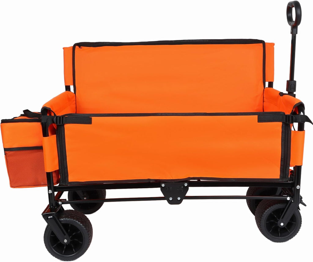3-in-1 Heavy-Duty Folding Wagon Cart with Bench Seat & Storage - 500lbs Capacity, All-Terrain 360° Wheels, Ice Pack Included - Perfect for Camping, Beach, Sports, Garden & Outdoor Events (Orange)