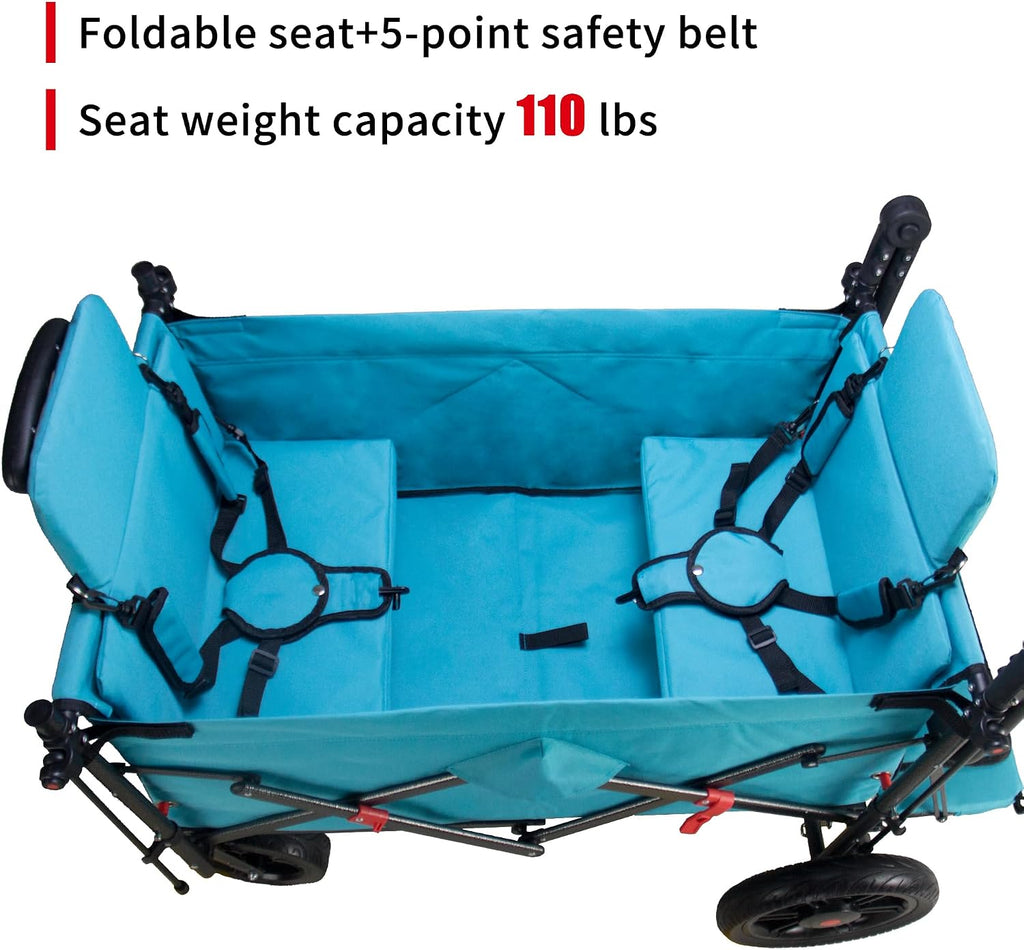 TMZ Collapsible Wagon with 2 Foldable Seats, Folding Cart with Removable Canopy, Heavy Duty Wagon 265LBS Load Capacity for Camping Garden Shopping (Turquoise)