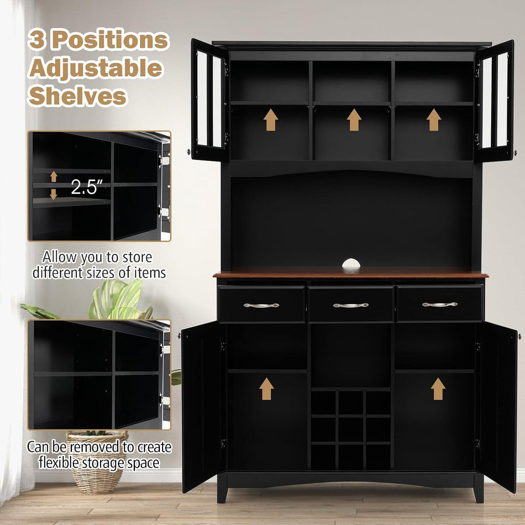 LOKO Kitchen Hutch Storage Cabinet, Sideboard Buffet Kitchen Cupboard with 4 Doors, 3 Drawers, 5 Adjustable Shelves and 9 Wine Grids, 44 x 17 x 72.5 inches (Black)