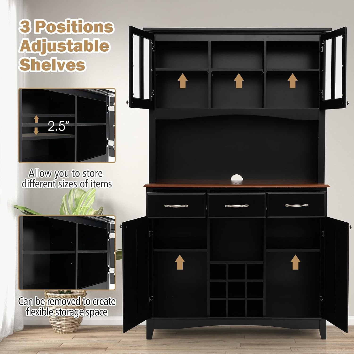 LOKO Kitchen Hutch Storage Cabinet, Sideboard Buffet Kitchen Cupboard with 4 Doors, 3 Drawers, 5 Adjustable Shelves and 9 Wine Grids, 44 x 17 x 72.5 inches (Black)