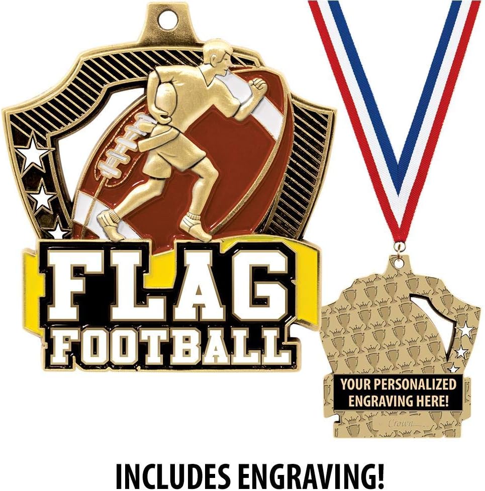Crown Awards Custom Flag Football Medals, 2 1/4' Shieldz Flag Football Award Medals with Free Engraving Prime