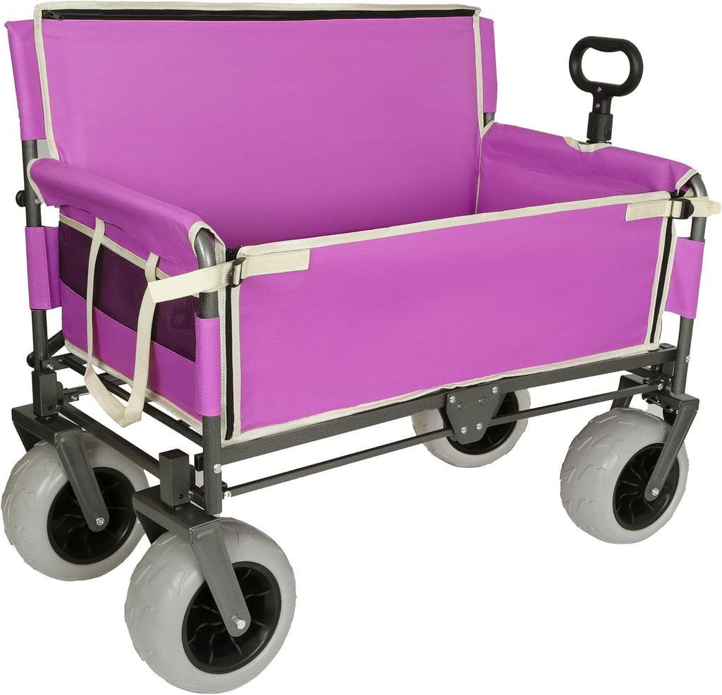 Heavy Duty Folding Wagon Cart with Bench Seat 500lbs Capacity All Terrain Wheels Convertible Storage Utility Wagon for Camping Beach Sports Outdoor Activities Purple