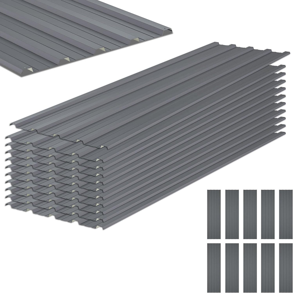 Metal Roof Panels 10 Pcs Galvanized Steel Roofing Panels with Screw Resistant,Versatile and Durable Suitable for Garages,Sheds, Stables and Mobile Homes Gray 70 sq.ft