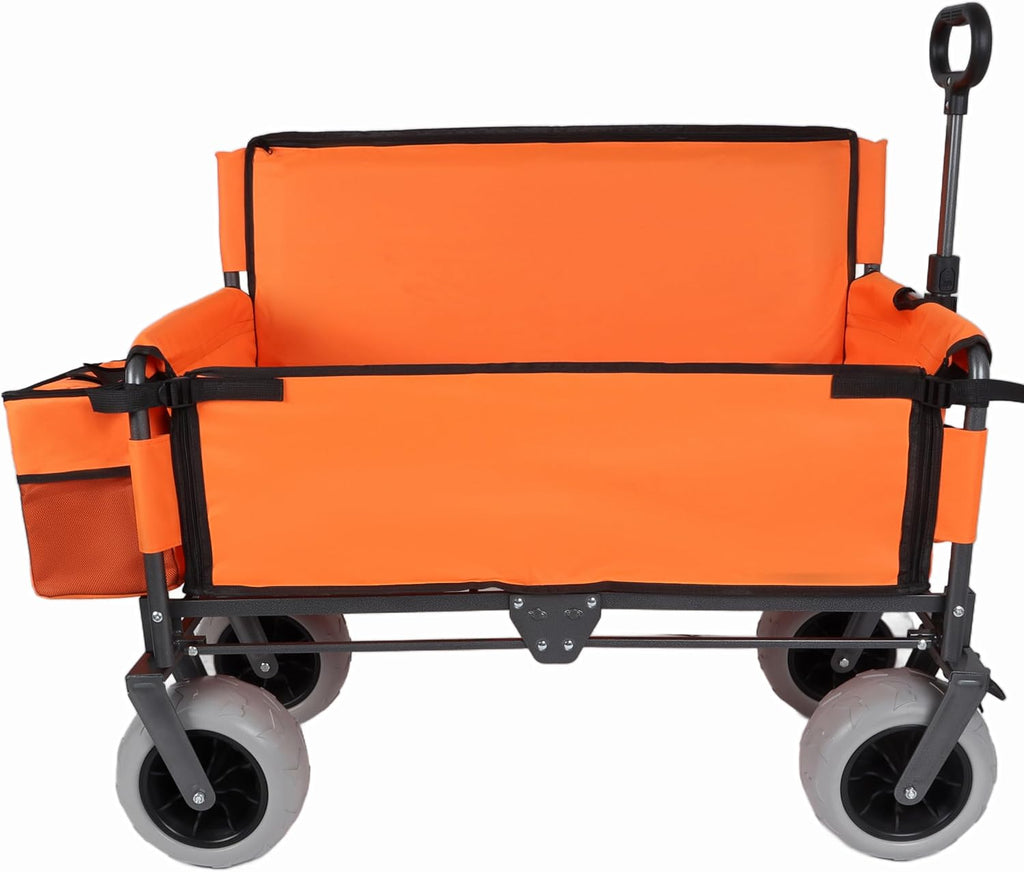3-in-1 Heavy-Duty Folding Wagon with Convertible Bench Seat – 500lb Capacity, All-Terrain 9'x4' Beach Tires, Collapsible Design for Camping, Outdoor Events & Grocery Hauling (Orange)