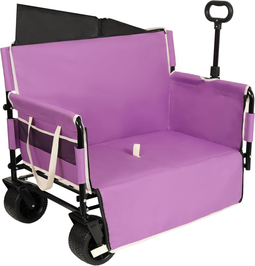 3-in-1 Heavy-Duty Folding Wagon Cart with Bench Seat & Storage – 500lbs Capacity, 180L All-Terrain Utility Cart, Collapsible Design for Camping, Beach, Sports, Garden (Purple)