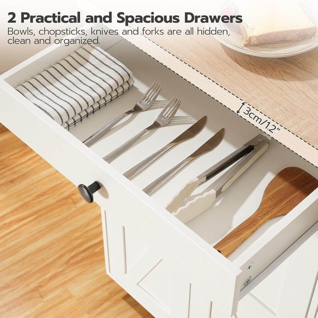 HOOBRO Kitchen Island with Power Outlet, Rolling Kitchen Island with Storage, Kitchen Island Cart with Spice Rack and Hooks, for Dining, Living Room, White and Natural WN11UZD01